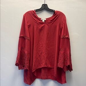 Neiman Marcus Red Embroidered Bell-Sleeve Tunic